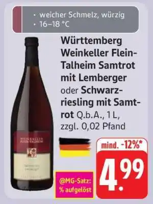 Edeka Württemberg Weinkeller Flein-Talheim Samtrot mit Lemberger oder Schwarzriesling mit Samtrot Angebot