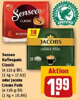 REWE Senseo Kaffeepads Classic oder Jacobs Crema Pads Angebot