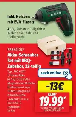 Lidl PARKSIDE Akku-Schrauber-Set mit BBQ-Zubehör, 22-teilig Angebot