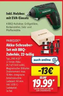 Lidl PARKSIDE Akku-Schrauber-Set mit BBQ-Zubehör, 22-teilig Angebot