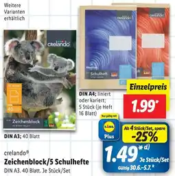 Lidl crelando Zeichenblock/5 Schulhefte Angebot