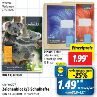 Lidl crelando Zeichenblock/5 Schulhefte Angebot