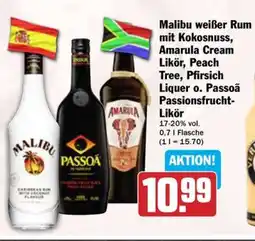 Hit Malibu weißer Rum mit Kokosnuss, Amarula Cream Likör, Peach Tree, Pfirsich Liquer o. Passoã Passionsfrucht- Likör Angebot
