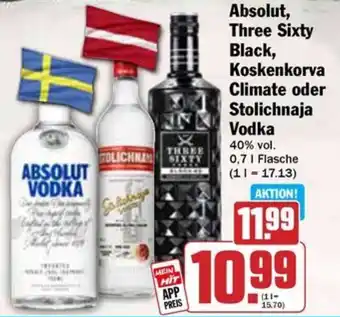 Hit Absolut, Three Sixty Black, Koskenkorva Climate oder Stolichnaja Vodka Angebot