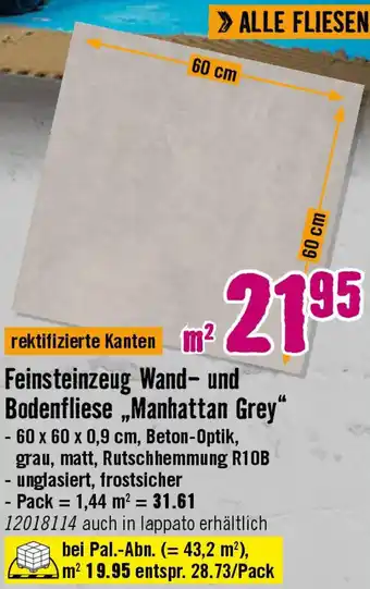 Hornbach Feinsteinzeug Wand- und Bodenfliese ,,Manhattan Grey" Angebot
