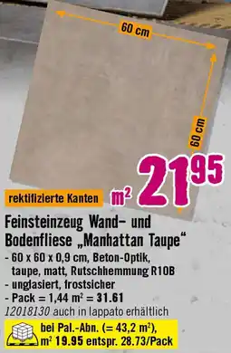 Hornbach Feinsteinzeug Wand- und Bodenfliese ,,Manhattan Taupe" Angebot