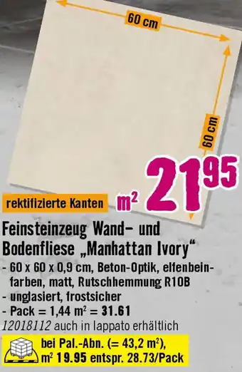Hornbach Feinsteinzeug Wand- und Bodenfliese ,,Manhattan Ivory" Angebot
