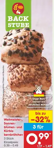 Netto Marken-Discount Backstube weltmeister-, sonnenblumen- und kürbiskernbrötchen Angebot
