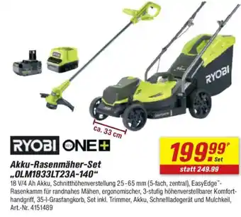toom Baumarkt RYOBI ONE+ Akku-Rasenmäher-Set "OLM1833LT23A-140" Angebot