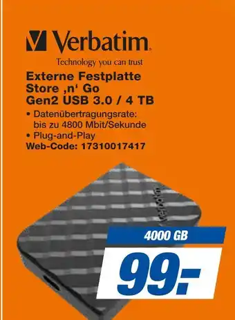 Expert Verbatim externe festplatte store 'n' go gen2 usb 3.0 / 4 tb Angebot