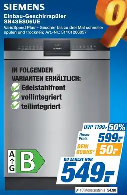 Expert SIEMENS Einbau-Geschirrspüler SN43ES06UE Angebot