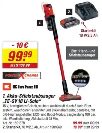 toom Baumarkt Einhell Akku-Stielstaubsauger ,,TE-SV 18 Li-Solo" Angebot