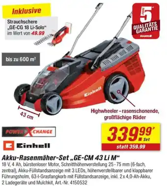 toom Baumarkt Einhell Akku-Rasenmäher-Set „GE-CM 43 Li M" Angebot