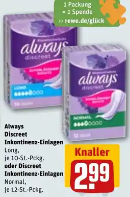 REWE Always Discreet Inkontinenz-Einlagen oder Discreet Inkontinenz-Einlagen Angebot