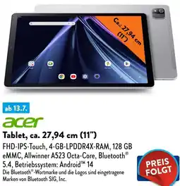 Aldi Süd acer Tablet, ca. 27,94 cm (11") Angebot