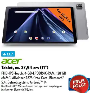 Aldi Süd acer Tablet, ca. 27,94 cm (11") Angebot