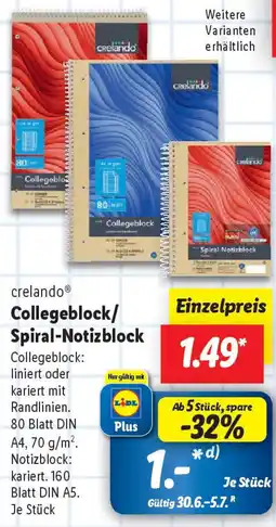 Lidl crelando Collegeblock/ Spiral-Notizblock Angebot