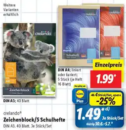 Lidl Crelando Zeichenblock/5 Schulhefte Angebot