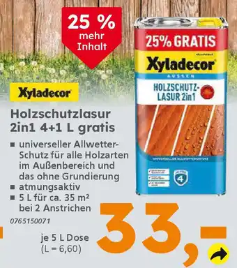 Globus Baumarkt Xyladecor Holzschutzlasur 2in1 4+1 L gratis Angebot