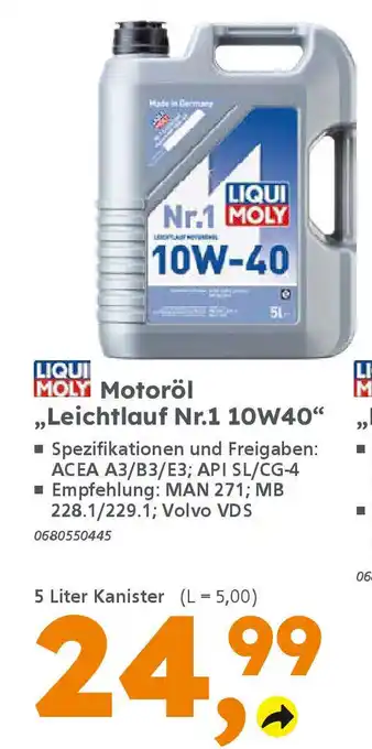Globus Baumarkt LIQUI MOLY Motoröl ,,Leichtlauf Nr.1 10W40" Angebot