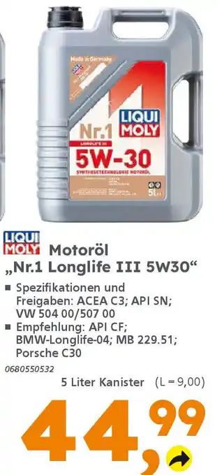 Globus Baumarkt LIQUI MOLY Motoröl ,,Nr.1 Longlife III 5W30" Angebot