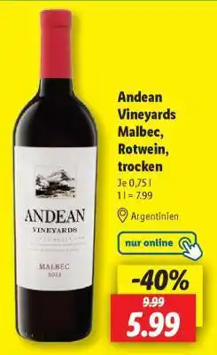 Lidl Andean Vineyards Malbec, Rotwein, trocken Angebot