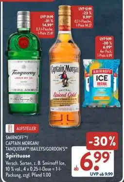Aldi Süd SMIRNOFF , CAPTAIN MORGAN, TANQUERAY , BAILEYS, GORDON'S Angebot