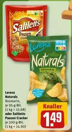 REWE Lorenz Naturals Rosmarin, je 95-g-Btl. oder Saltletts Pausen Cracker je 100-g-Btl Angebot