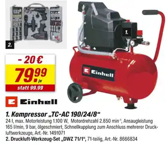 toom Baumarkt Einhell kompressor tc-ac 190/24/8 oder druckluft-werkzeug-set „dwz 71/1“ Angebot