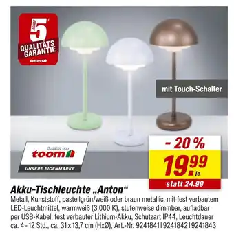 toom Baumarkt Toom akku-tischleuchte „anton“ Angebot