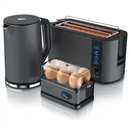 Netto Marken-Discount Arendo 3-teiliges Frühstücksset - Wasserkocher 1,5l, 4-Scheiben Toaster, 6er Eierkocher, Grau Angebot