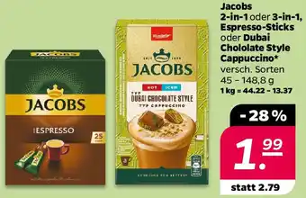 NETTO Jacobs 2-in-1 oder 3-in-1, Espresso-Sticks oder Dubai Chololate Style Cappuccino Angebot