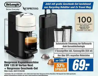 HEM Expert Delonghi Nespresso-kapselmaschine En120.w Vertuo Next + Nespresso Geschenk-set Angebot