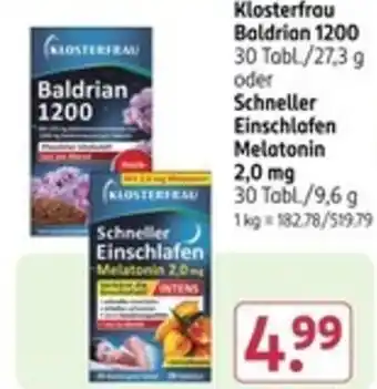 Rossmann Klosterfrau Baldrian 1200 oder Schneller Einschlafen Melatonin 2,0 Angebot