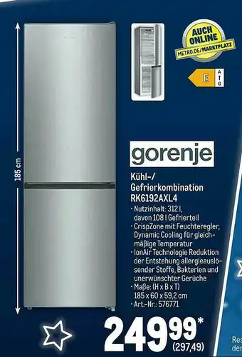 METRO Gorenje Kühl Gefrierkombinaton RK6192AXL4 Angebot