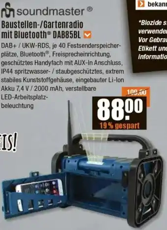 V Baumarkt soundmaster Baustellen-/Gartenradio mit Bluetooth DAB85BL Angebot