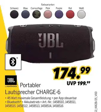 MEDIMAX Jbl portabler lautsprecher charge-6 Angebot