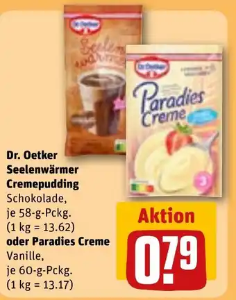 REWE Dr. Oetker Seelenwärmer Cremepudding Schokolade oder Paradies Creme Vanille Angebot