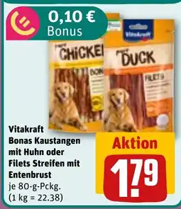 REWE Vitakraft Bonas Kaustangen mit Huhn oder Filets Streifen mit Entenbrust Angebot
