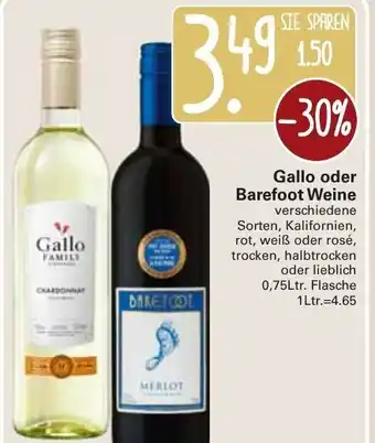 WEZ Gallo oder Barefoot Weine 0,75L Angebot