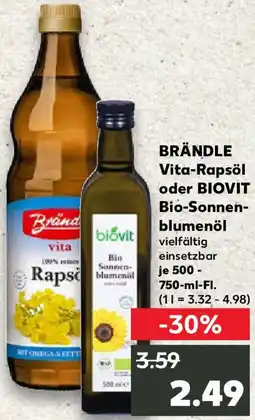 Kaufland BRÄNDLE Vita-Rapsöl oder BIOVIT Bio-Sonnenblumenöl Angebot