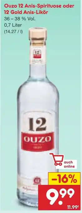 Netto Marken-Discount Ouzo 12 Anis-Spirituose oder 12 Gold Anis-Likör Angebot