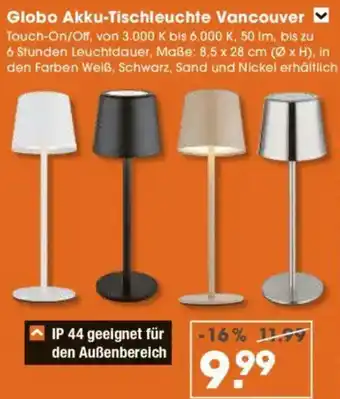 V Baumarkt Globo Akku-Tischleuchte Vancouver Angebot