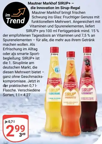 Globus Mautner Markhof SIRUP+ die Innovation im Sirup-Regal Angebot