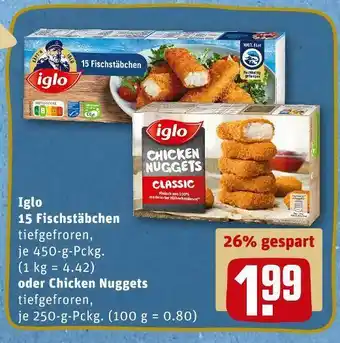 REWE Iglo 15 fischstäbchen oder chicken nuggets Angebot