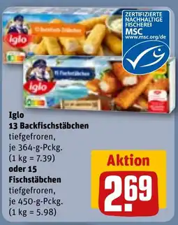 REWE iglo 13 Backfischstäbchen o. oder 15 Fischstäbchen Angebot