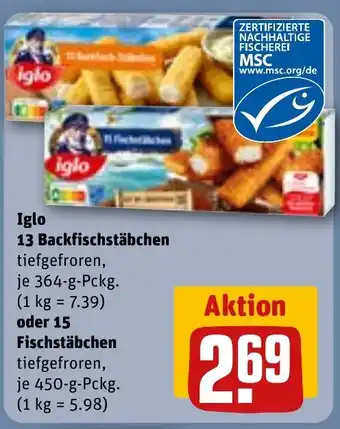 REWE iglo 13 Backfischstäbchen o. oder 15 Fischstäbchen Angebot