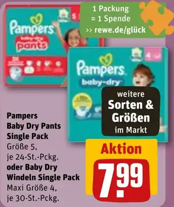 REWE Pampers Baby Dry Pants Single Pack oder Baby Dry Windeln Single Pack Angebot