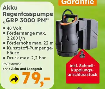 Globus Baumarkt PRIMASTER Akku Regenfasspumpe ,,GRP 3000 PM" Angebot