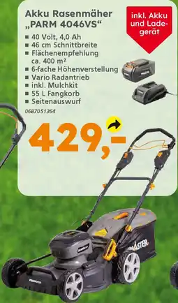 Globus Baumarkt PRIMASTER Akku Rasenmäher „PARM 4046VS❝ Angebot